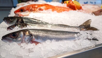 Fresh fish on ice at seafood market.
