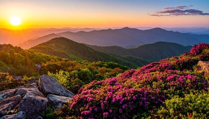 Majestic sunset illuminates rolling mountain range with vibrant pink flowers in the foreground