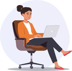 A woman sits in an office chair, working on a laptop computer, demonstrating modern workplace productivity and remote work possibilities.
