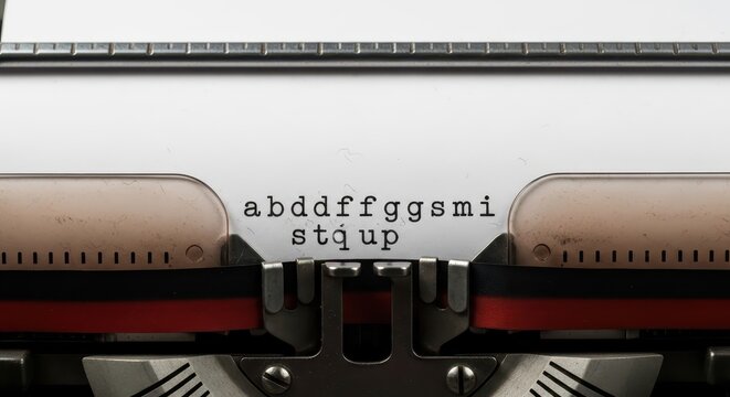 Close up of a vintage mechanical writing machine carriage with random characters typed onto white paper.
