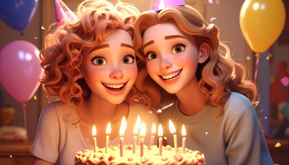 Friends celebrate birthday with cake.