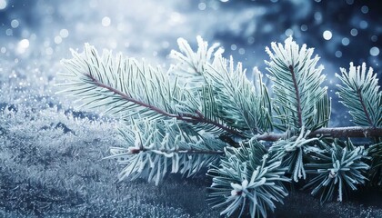 Winter's Embrace: A close-up showcases a frost-covered evergreen branch, evoking a sense of tranquility, icy beauty, and the serenity of the winter season.