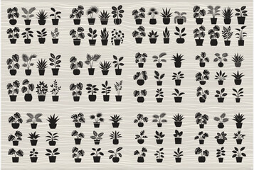 A stylish collection of bold black silhouettes featuring flower pots, leaves, and plant elements designed in a clean and minimal style.