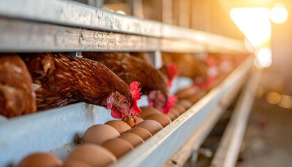 Hens feeding near eggs in a farm.