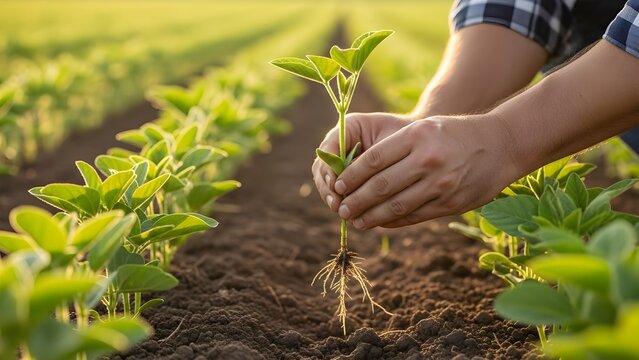 Farmers hands carefully planting a young seedling in fertile soil during a sunny day.