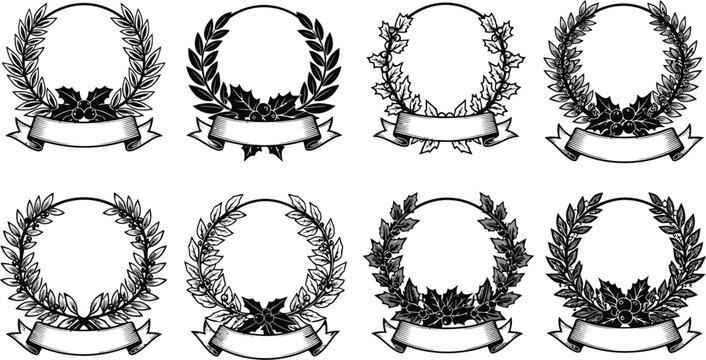 Vintage laurel wreaths with ribbon banners illustrated in a classic black and white style