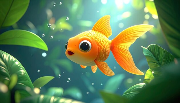 Cartoon goldfish swimming among lush plants. - Powered by Adobe