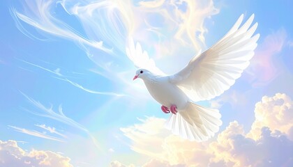 White dove in clear blue sky spreading wings with sunlight and soft pastel clouds representing hope, purity and divine message