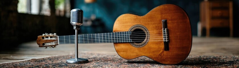 Vintage microphone and acoustic guitar setting concept. Acoustic guitar and microphone in cozy indoor setting.