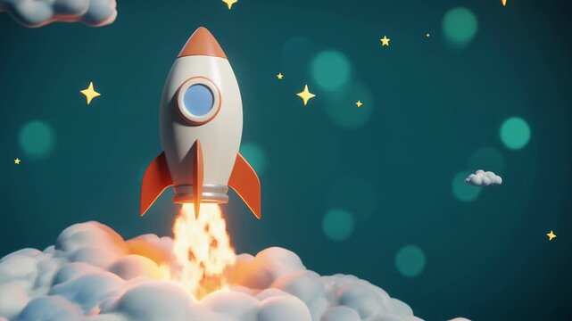 Whimsical cartoon rocket blasting off into a starry night sky, launching into adventure