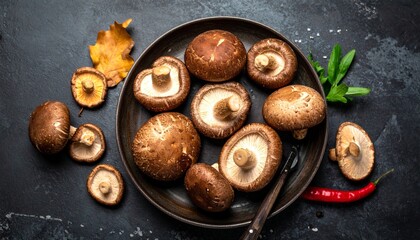 Overhead view of fresh, raw shiitake mushrooms artfully arranged on a dark, rustic plate