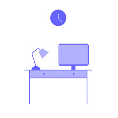 Minimal purple office desk with computer, lamp and wall clock.