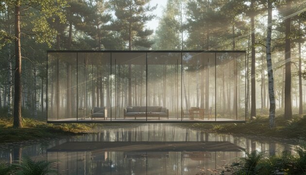 Glass cabin in tranquil forest reflecting morning sunlight on lake surface, expressing peaceful retreat lifestyle and balance of modern architecture with nature - Powered by Adobe