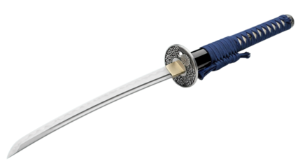 Traditional Japanese katana sword with blue hilt symbolizing samurai warrior honor martial arts isolated on transparent background
