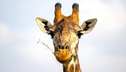 Giraffe eating a plant with sky background.