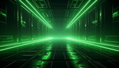 Futuristic green hallway perspective.