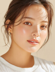 Naklejka premium 明るい光に映える透明肌を捉えた若い女性のナチュラルポートレート