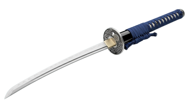 Traditional Japanese katana sword with blue hilt symbolizing samurai warrior honor martial arts isolated on transparent background