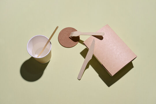 Eco-friendly disposable tableware and coffee cup on a light green