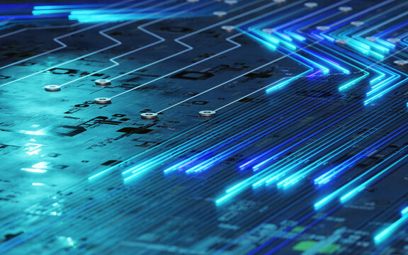 Motherboard with blue glowing lines close up