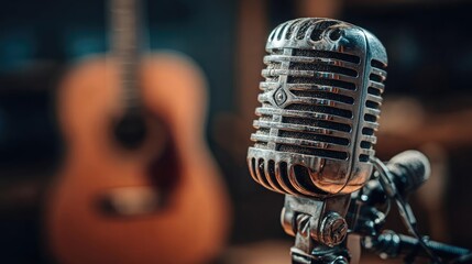 Vintage microphone and acoustic guitar setting concept. Close-up of a vintage microphone with an acoustic guitar in background.