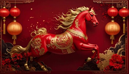 Obraz premium Red cartoon horse illustration for Chinese New Year with running animal shadow for Chinese New Year card decoration