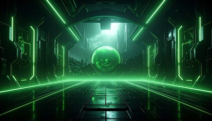 Futuristic hallway with green neon lights.