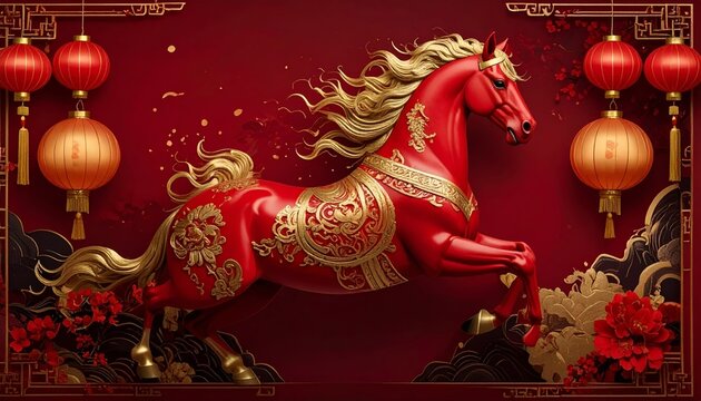 Red cartoon horse illustration for Chinese New Year with running animal shadow for Chinese New Year card decoration