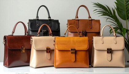 Leather bags displayed on white surface.