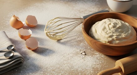 Baking from scratch with fresh dough, eggs, and flour on a kitchen counter.