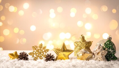 Christmas ornaments on snow with bokeh.