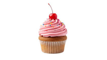 Festive pink cupcake with red cherry and colorful sprinkles sweet celebratory dessert isolated on transparent background