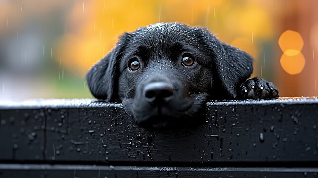 A wet black Labrador puppy peeks over a black fence, with raindrops falling and an out-of-focus autumnal background, creating a melancholic yet adorable scene. - Powered by Adobe