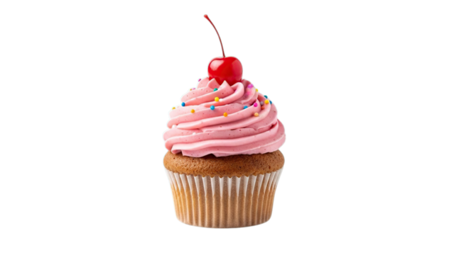 Festive pink cupcake with red cherry and colorful sprinkles sweet celebratory dessert isolated on transparent background