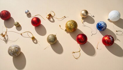 Christmas ornaments scattered on beige background.