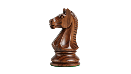 Dark wooden chess knight piece representing strategic thinking intelligence and competition isolated on transparent background