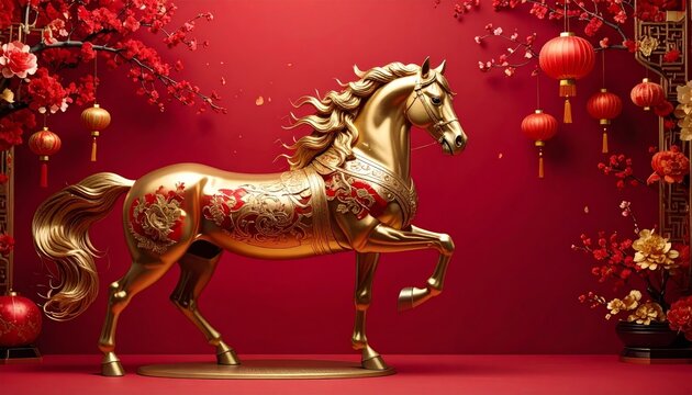 Red cartoon horse illustration for Chinese New Year with running animal shadow for Chinese New Year card decoration