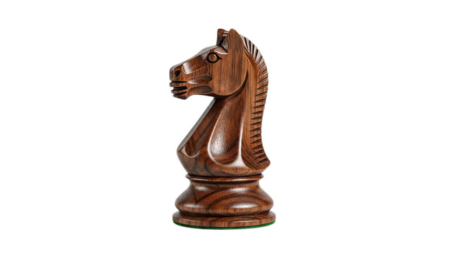 Dark wooden chess knight piece representing strategic thinking intelligence and competition isolated on transparent background