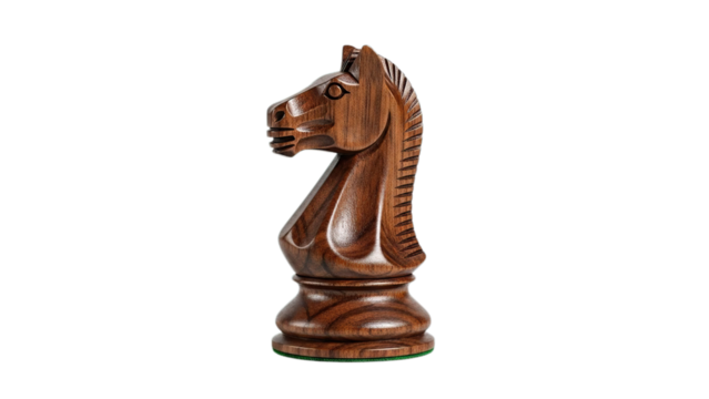 Dark wooden chess knight piece representing strategic thinking intelligence and competition isolated on transparent background