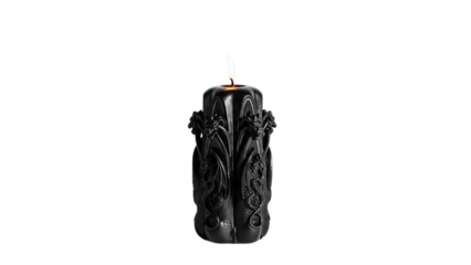 Elegant ornate black candle with flickering flame for mystical spiritual rituals isolated on transparent background