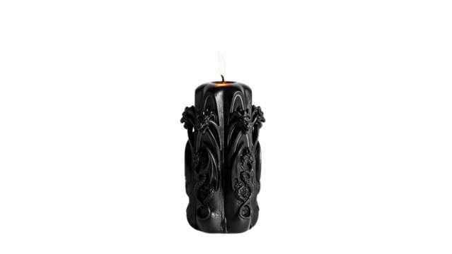 Elegant ornate black candle with flickering flame for mystical spiritual rituals isolated on transparent background