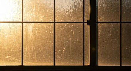 Naklejka premium Warm sunlight illuminates textured glass panes divided by dark window framing