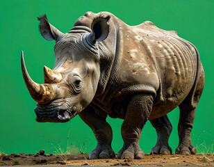Large rhino with a large horn standing in front of a green backdrop