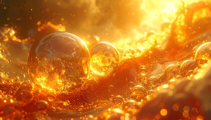 Glowing golden liquid with bubbles.