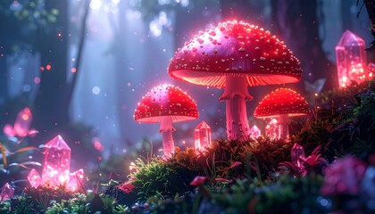 Glowing Mushrooms and Crystals in Forest.