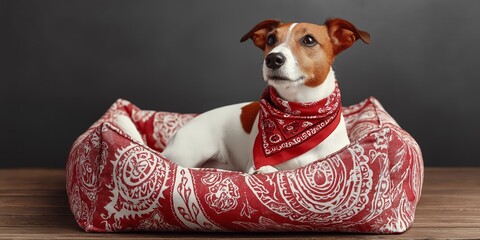 pet-friendly accommodations concept Dog resting comfortably in a patterned bed with a bandana.