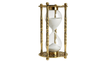 Ornate golden hourglass with white sand measuring precious time, a vintage symbol isolated on transparent background