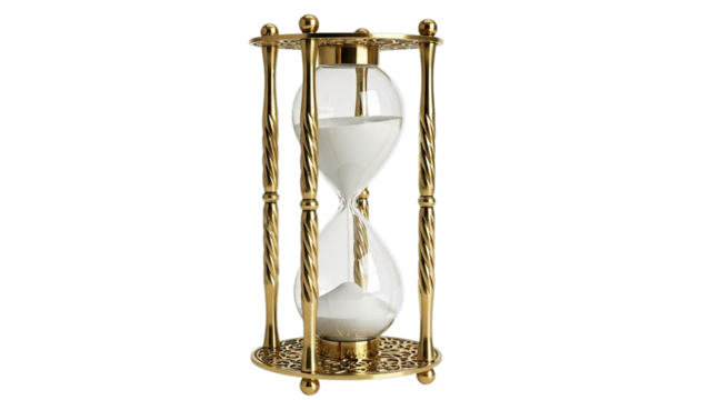 Ornate golden hourglass with white sand measuring precious time, a vintage symbol isolated on transparent background