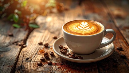 Latte art coffee cup on wooden table. (1)