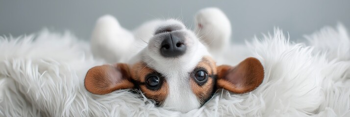 pet-friendly accommodations concept Playful dog resting on a fluffy surface, looking up.